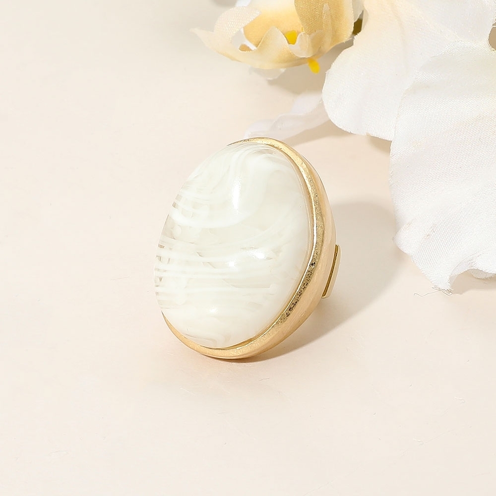 White Marbled Oval Stone Stretch Bold Statement Ring Boho Cocktail Jewelry